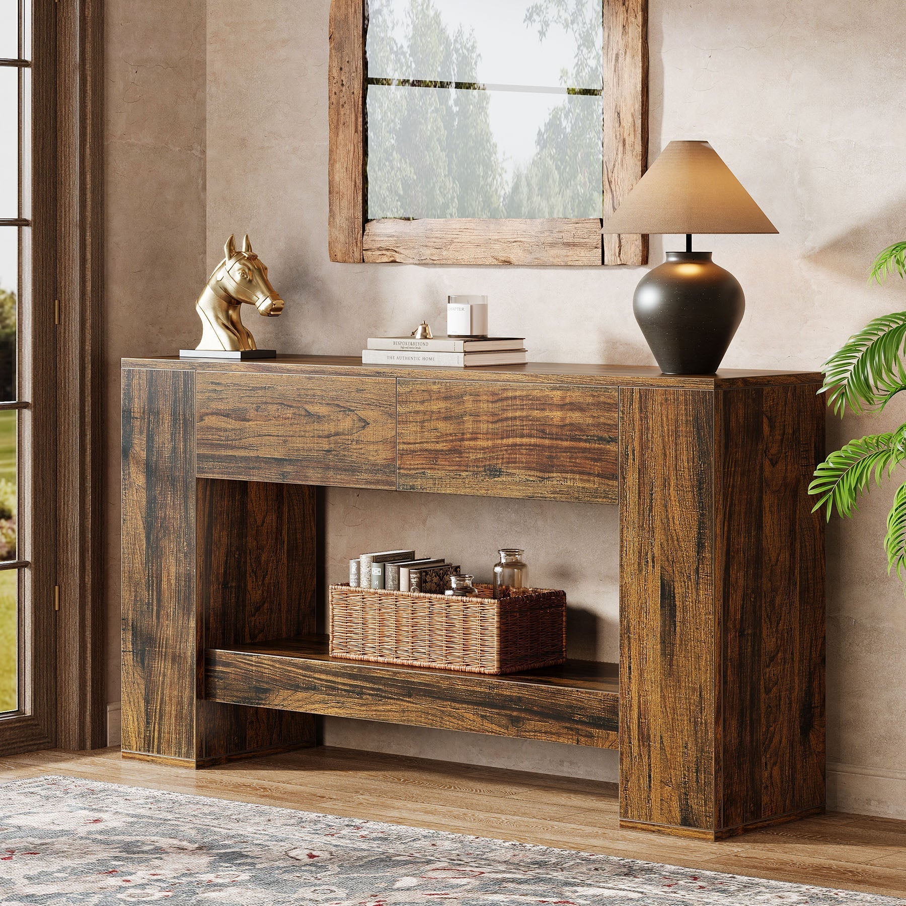 Tribesigns Console 140 cm, Table basse en bois à 2 niveaux avec 2 tiroirs