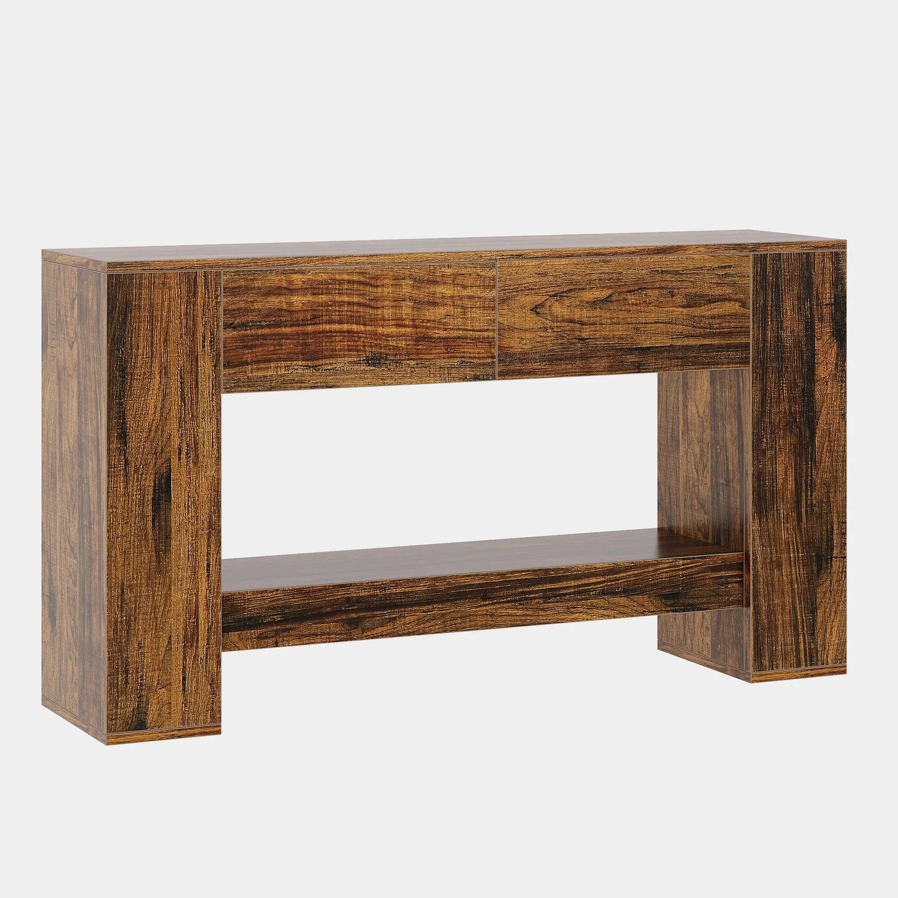 Tribesigns Console 140 cm, Table basse en bois à 2 niveaux avec 2 tiroirs