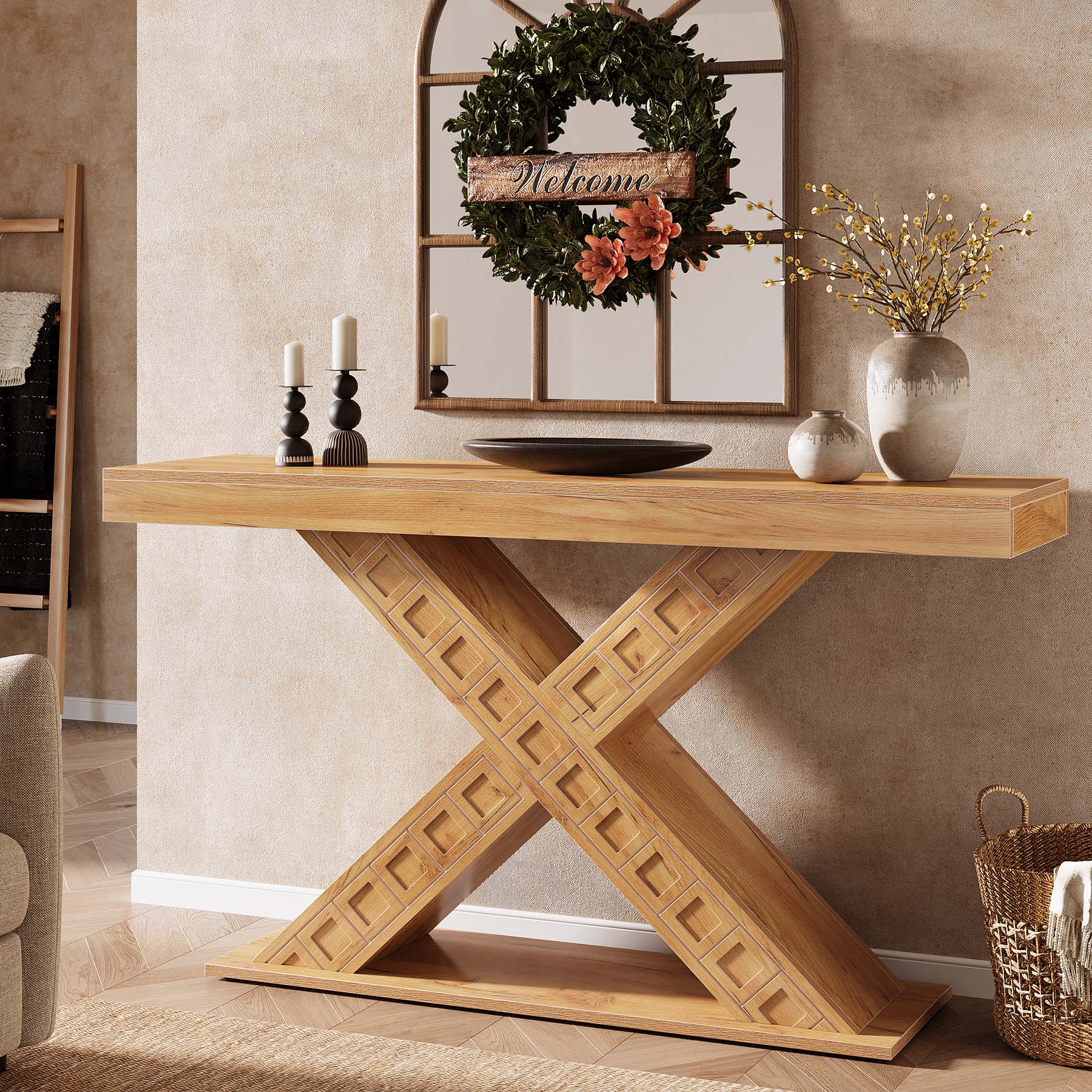 Tribesigns Table console 140 cm, Table d'entrée moderne avec base en X épaissie