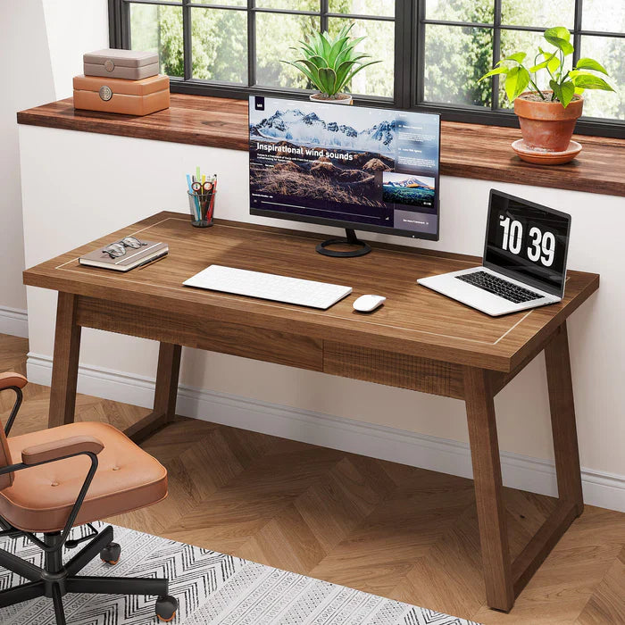 Tribesigns Bureau d'ordinateur en bois de 140 cm, Table de travail moderne du milieu du siècle avec tiroir