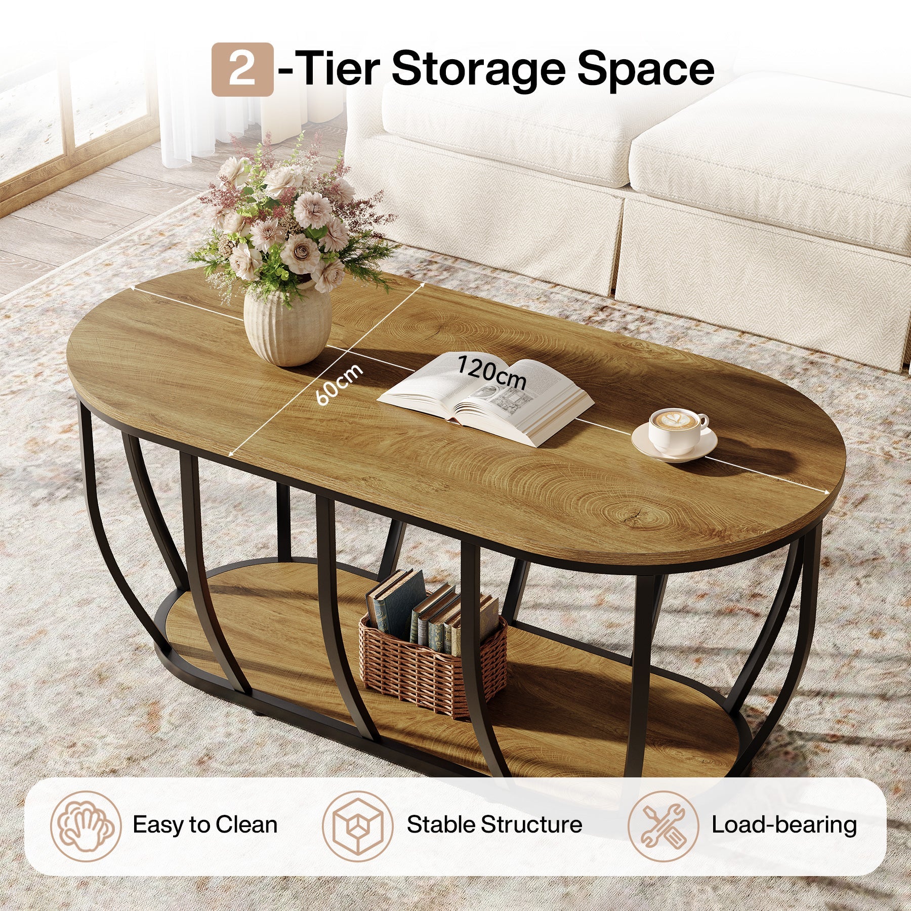 Tribesigns Table basse ovale de 120 cm de long, style industriel avec 2 étagères en bois