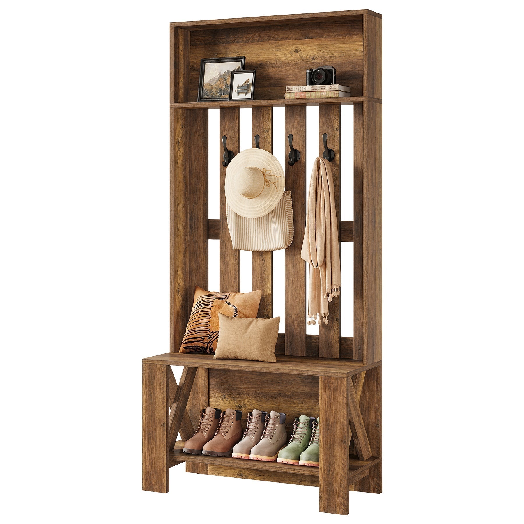 Meuble d'entrée de 180 cm avec banc et rangement à chaussures, Porte-manteau étroit avec crochets pour entrée et couloir