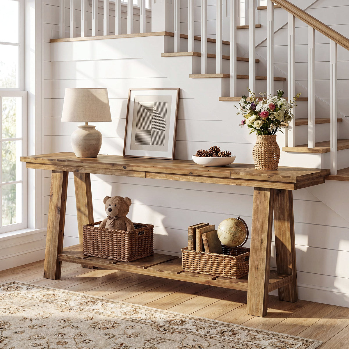 Tribesigns Table console en bois massif de 200 cm, Table d'entrée étroite avec 2 étagères
