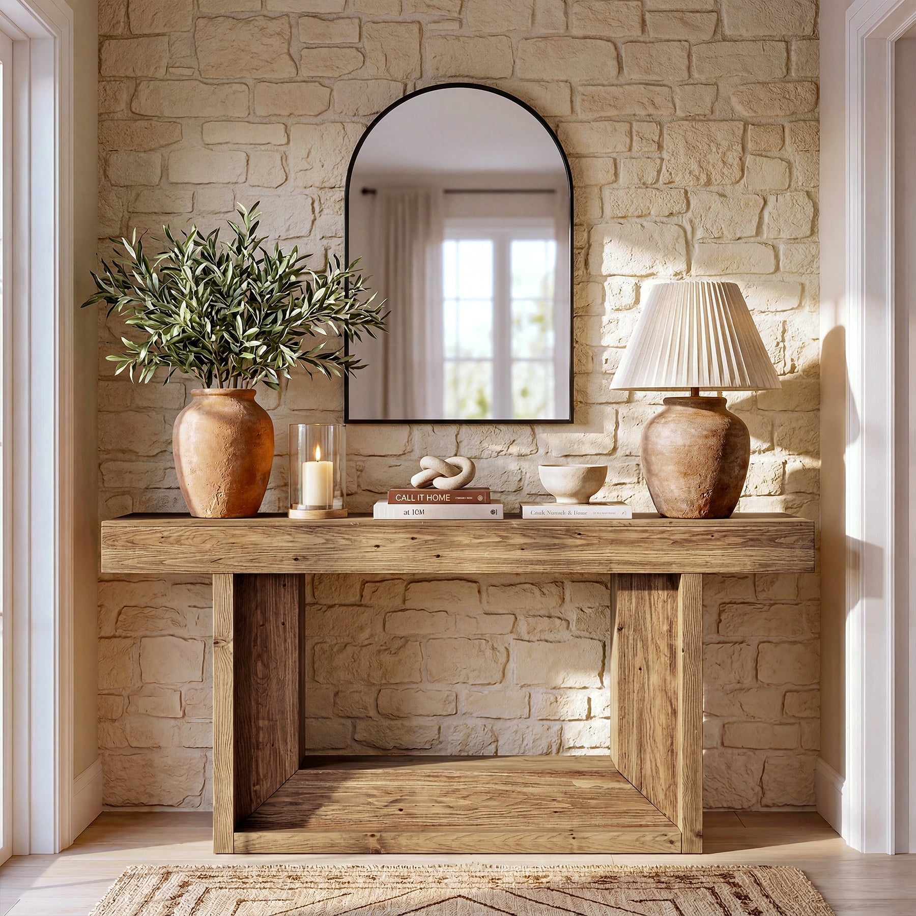 TribesignsConsole étroite en bois massif de 160 cm, Style campagne avec piètement en U et étagère