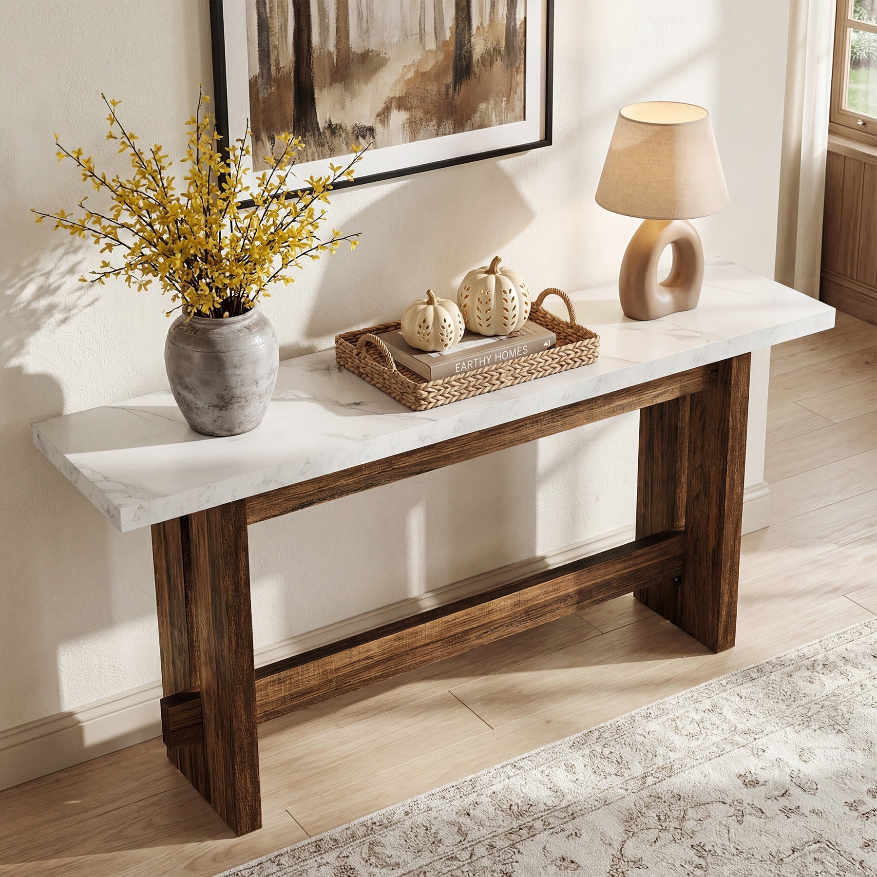 Tribesigns Console de style campagnard de 160 cm avec plateau aspect marbre, Table d'appoint étroite pour entrée et salon