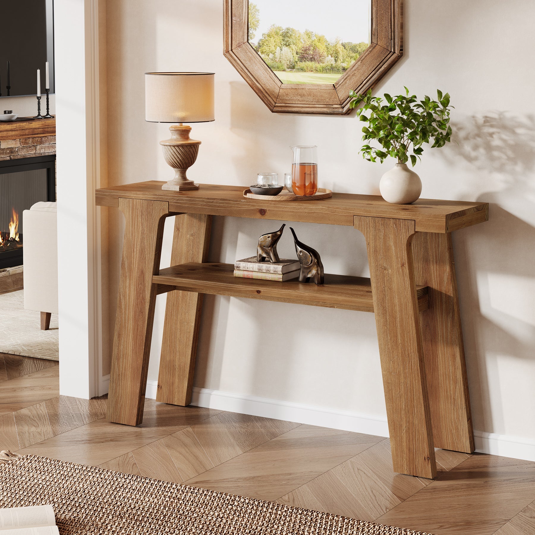 Tribesigns Console en bois massif de 120 cm, Style rustique idéale pour une entrée ou un canapé avec 2 étagères