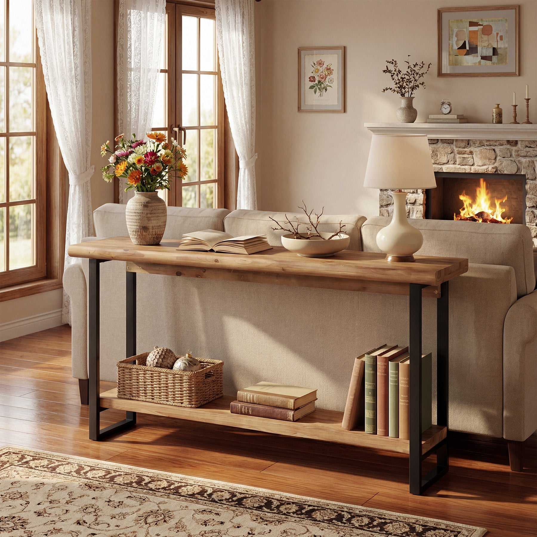 Tribesigns Console en bois massif de 160 cm avec bord naturel, Table basse à deux niveaux