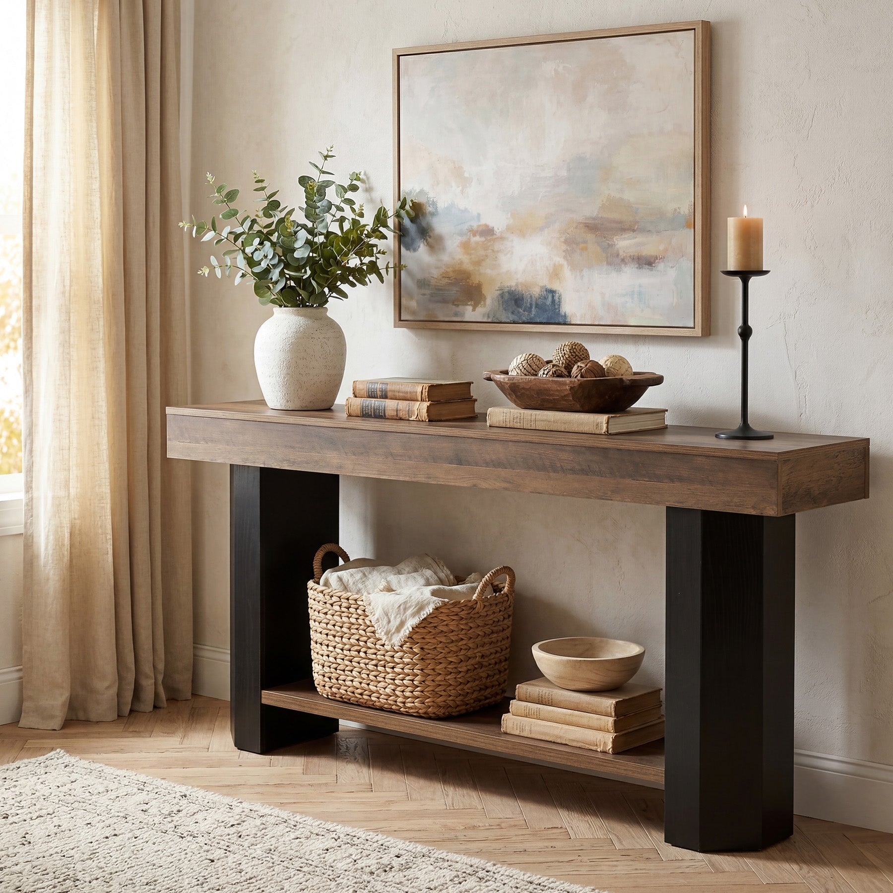 Console de 160 cm avec 2 étagères, Table d'entrée étroite de style industriel