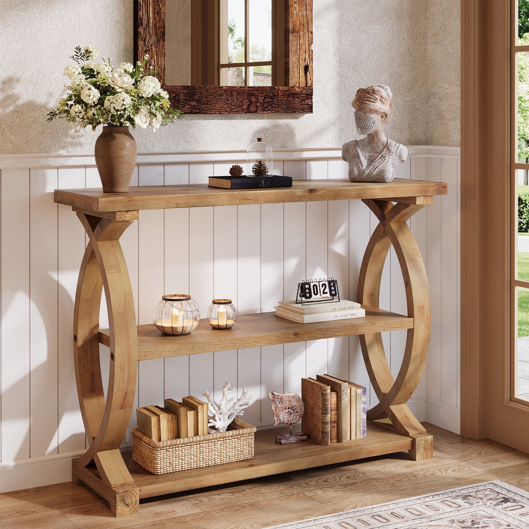 Tribesigns Console en bois massif de 105 cm, Table d'appoint étroite avec 3 étagères et un design en forme de queue de poisson sur les côtés