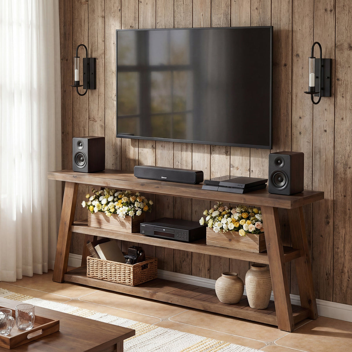 Tribesigns Meuble TV bas en bois massif (160 cm) pour téléviseurs jusqu'à 70 pouces avec 3 étagères ouvertes