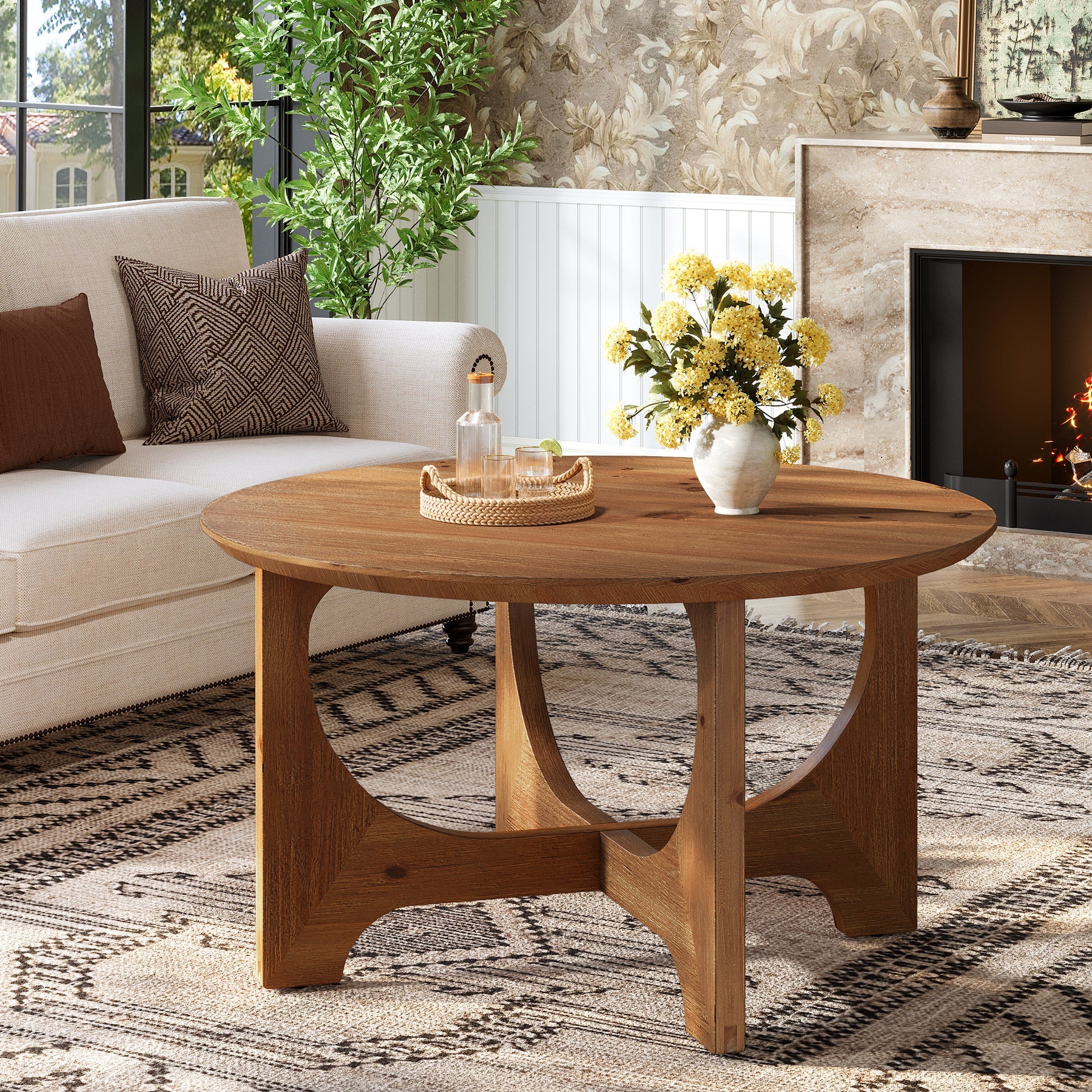 Tribesigns Table basse ronde en bois massif 80 cm, Style champêtre idéale pour les salons et les petits espaces