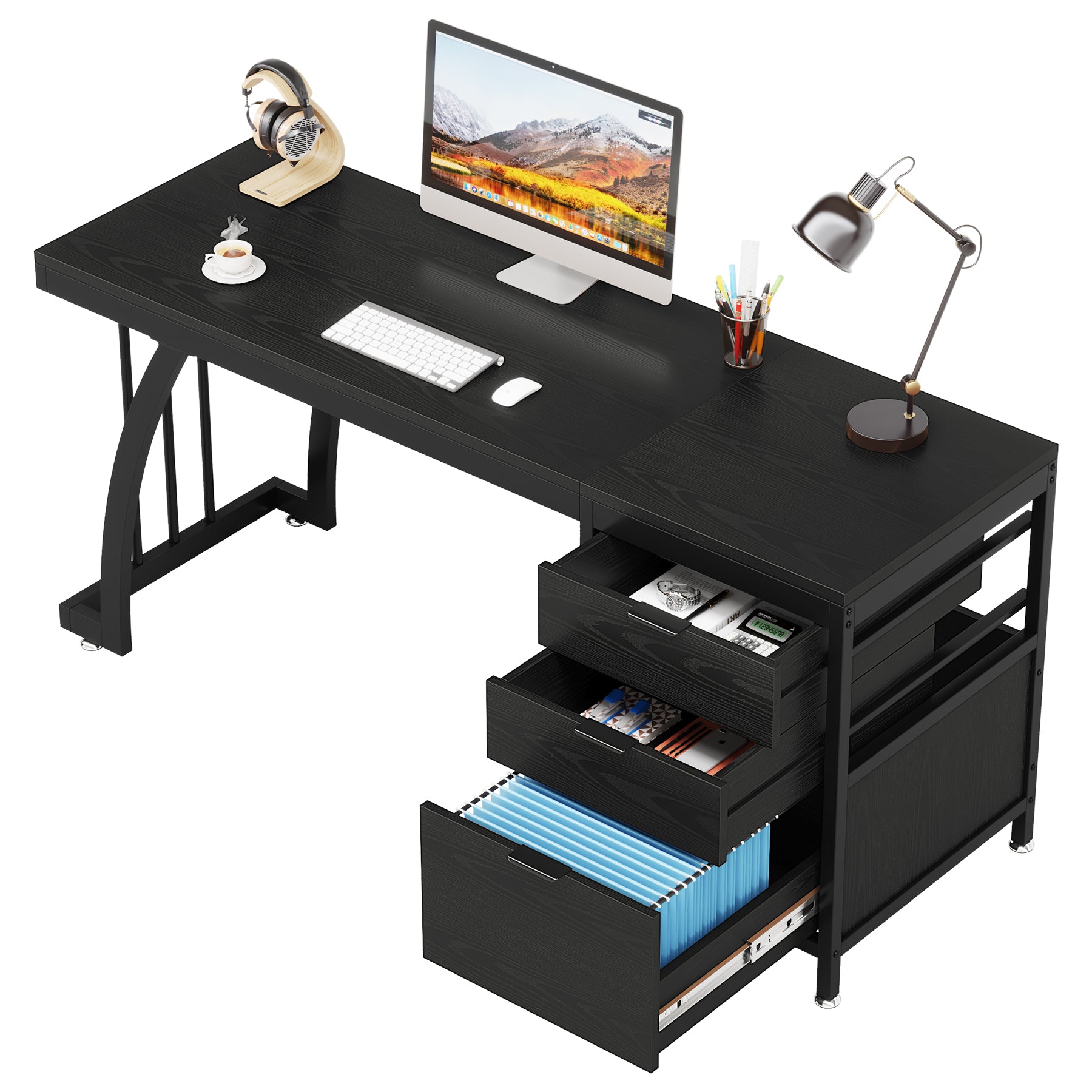 Tribesigns Bureau informatique industriel, Bureau 150 cm avec armoire à tiroirs réversible