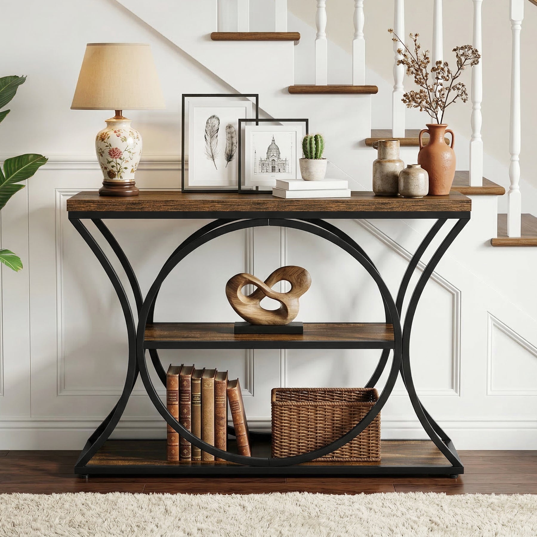 Tribesigns Console industrielle de 105 cm, Table d'appoint à 3 niveaux avec structure arquée