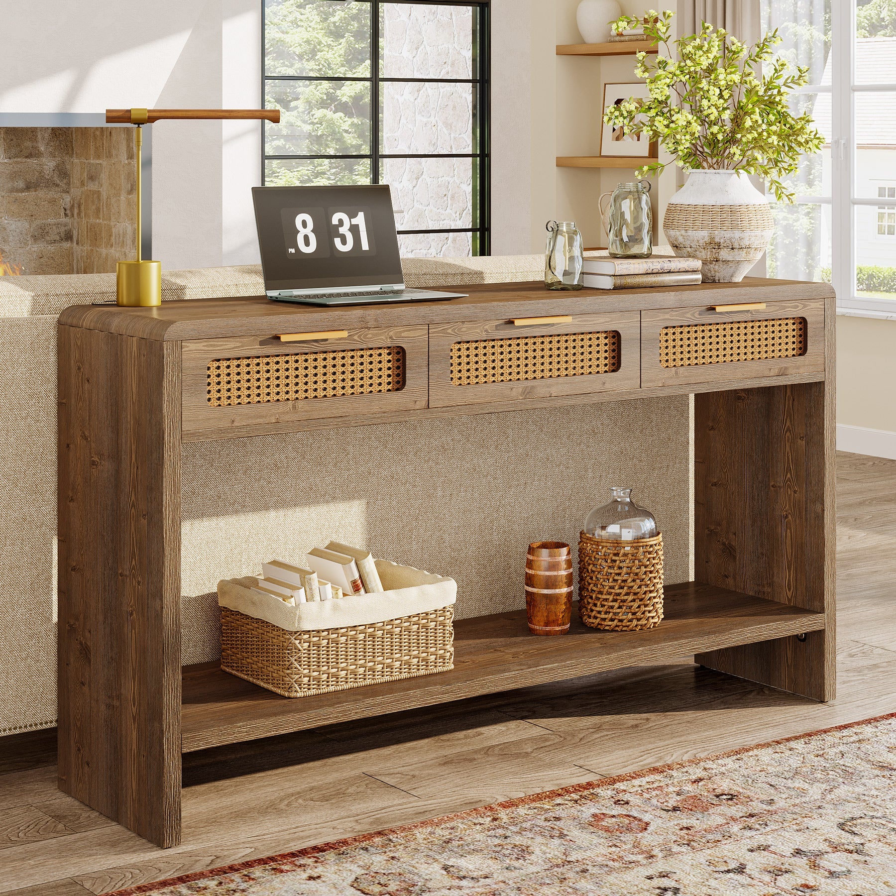 Tribesigns Console de 140 cm avec 3 tiroirs en rotin, Table d'appoint étroite avec 2 étagères
