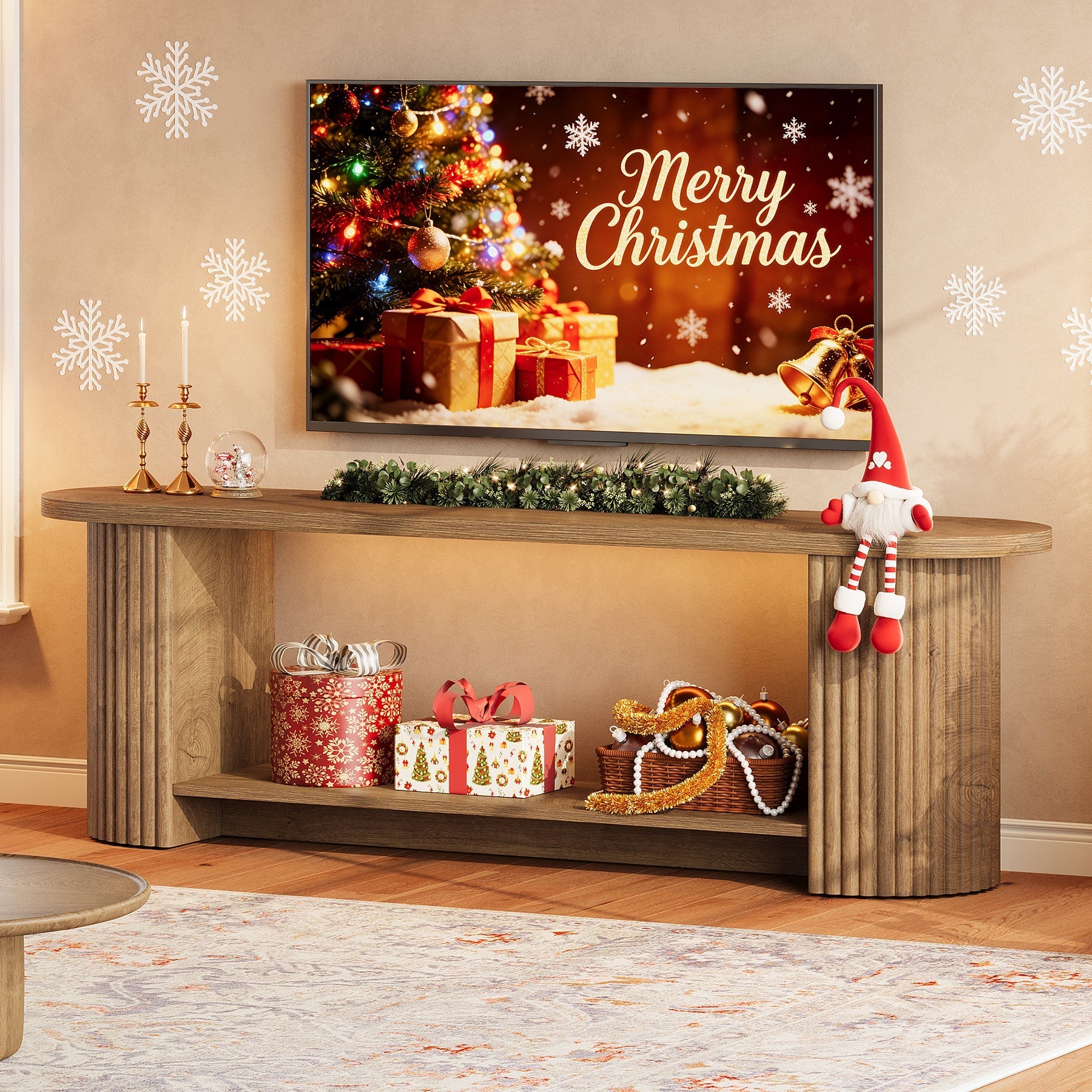 Tribesigns Meuble TV de 160 cm avec design côtelé et étagère de rangement, Meuble multimédia rustique pour salon et chambre
