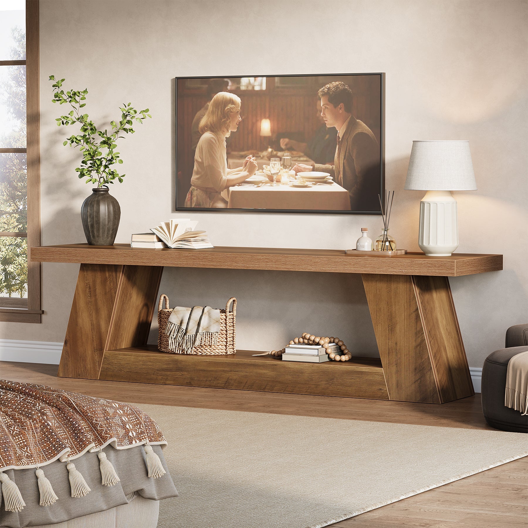 Tribesigns Meuble TV bas 160 cm pour téléviseurs style rustique avec étagères ouvertes