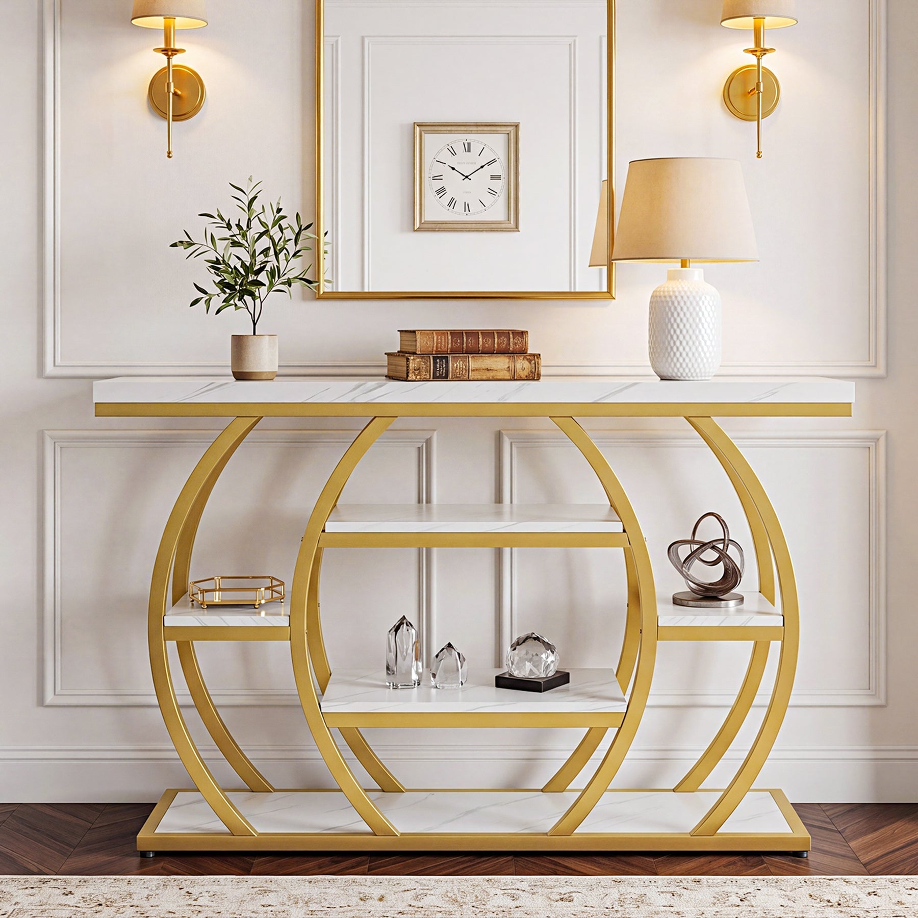 Tribesigns Console 105 cm, Table d'entrée étroite avec 5 étagères, Structure en métal doré et plateau aspect marbre