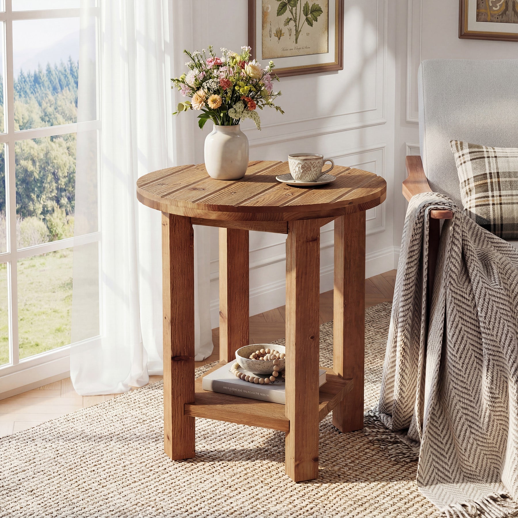Table de chevet ronde de 50 cm, Table à 2 niveaux pour chambre à coucher