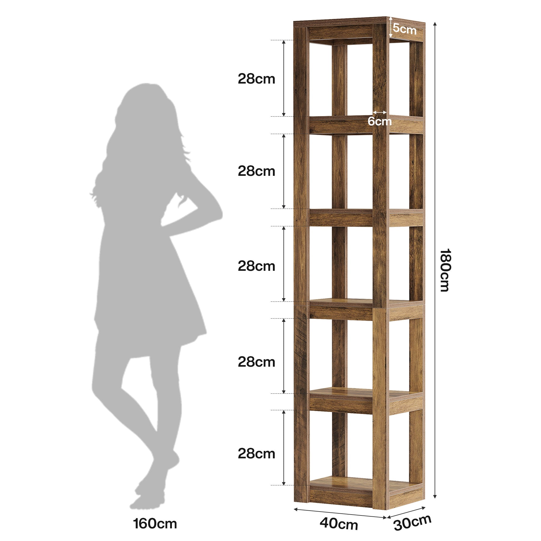 Tribesigns Bibliothèque d'angle 180 cm, Étagère étroite à 6 niveaux en brun rustique pour bureau et salon