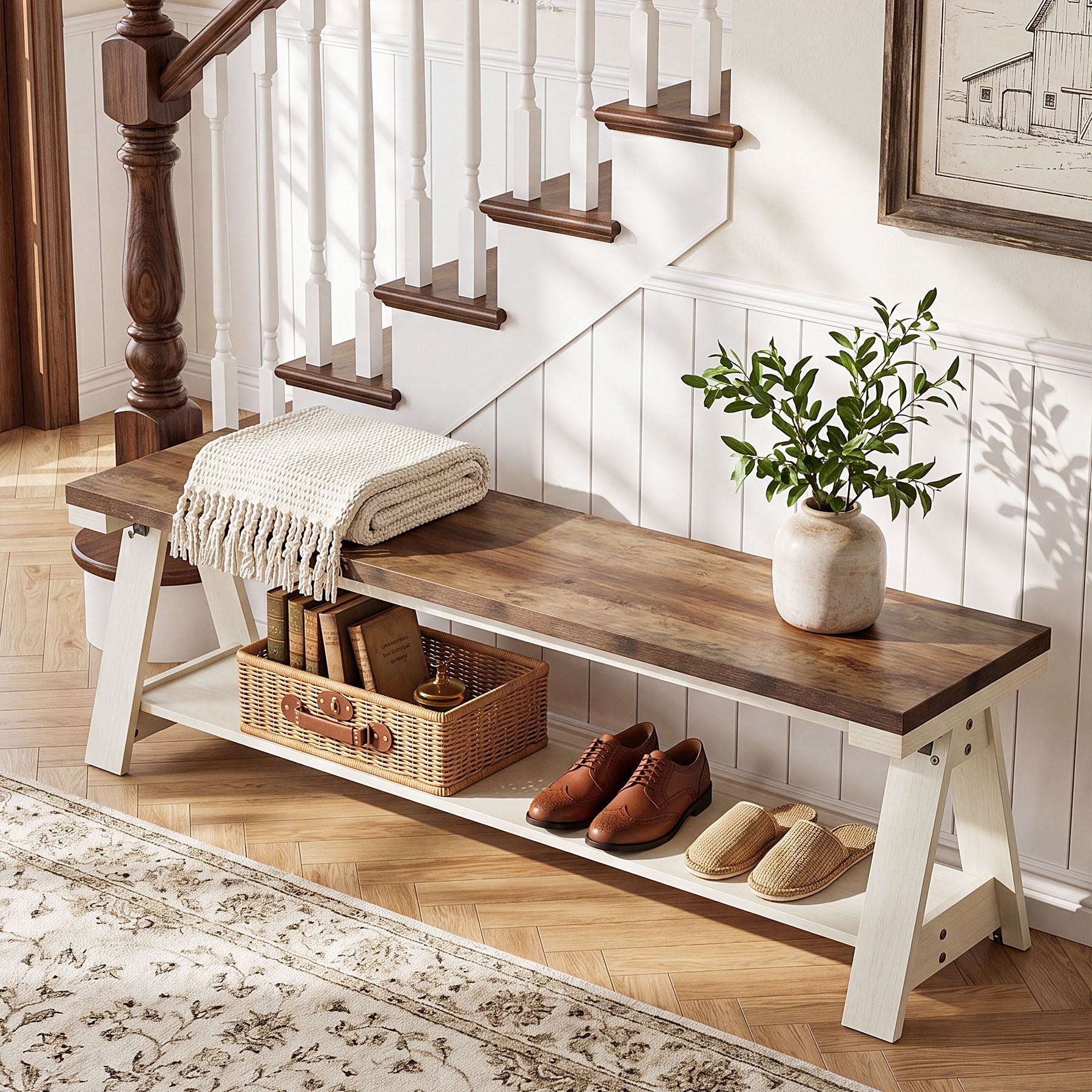 Tribesigns Sitzbank 150 cm aus Holz mit Ablage, Flurbank & Bettbank mit 2 Ebenen