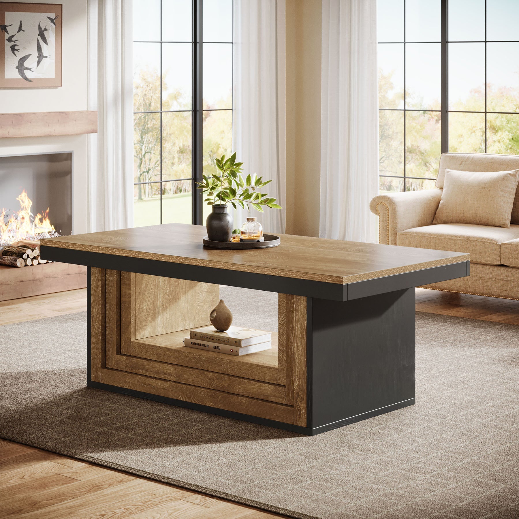 Tribesigns Table basse rectangulaire de 120 cm de style champêtre, Table de salon avec étagère et motif côtelé