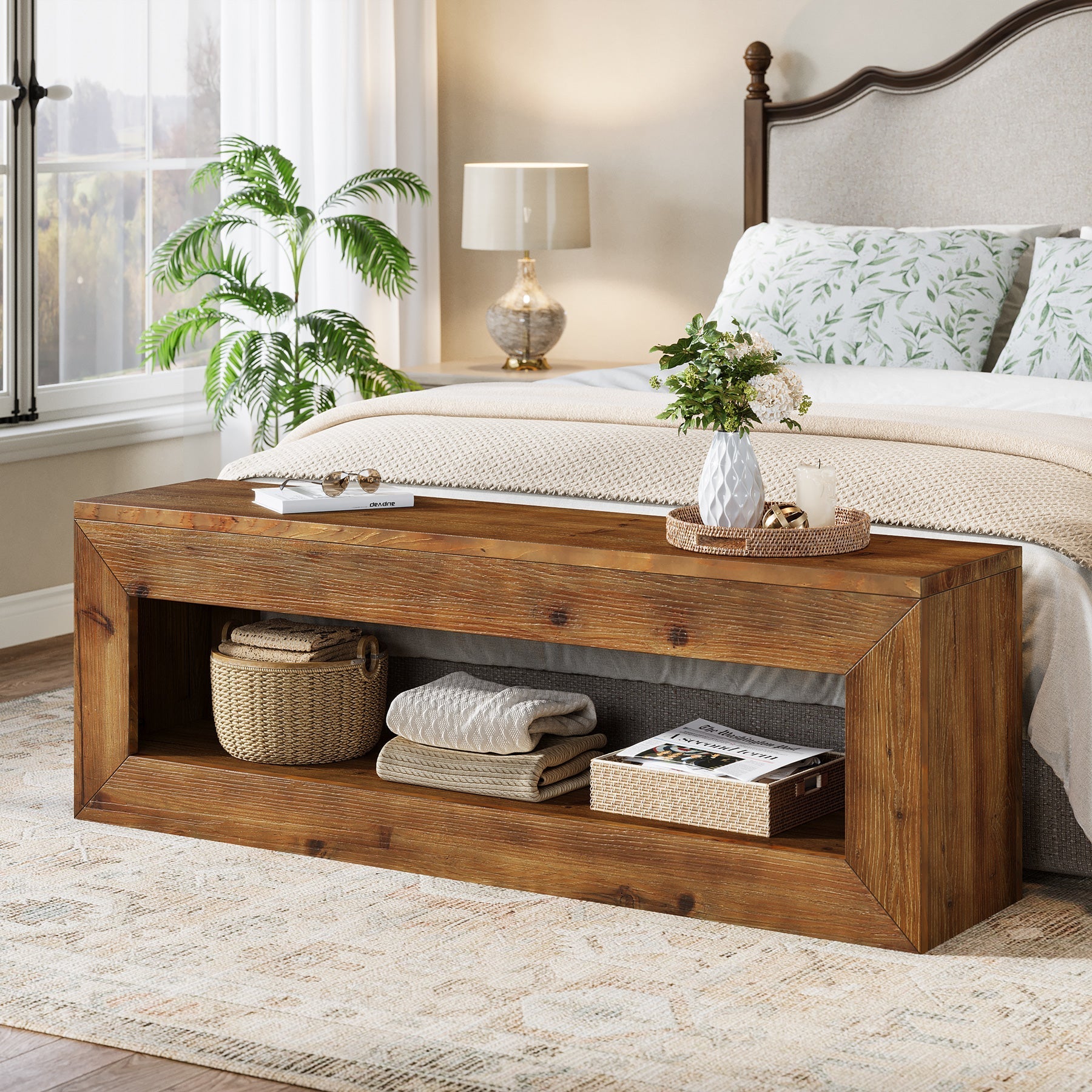 Banc d'entrée en bois massif de 120 cm avec étagère de rangement style rustique