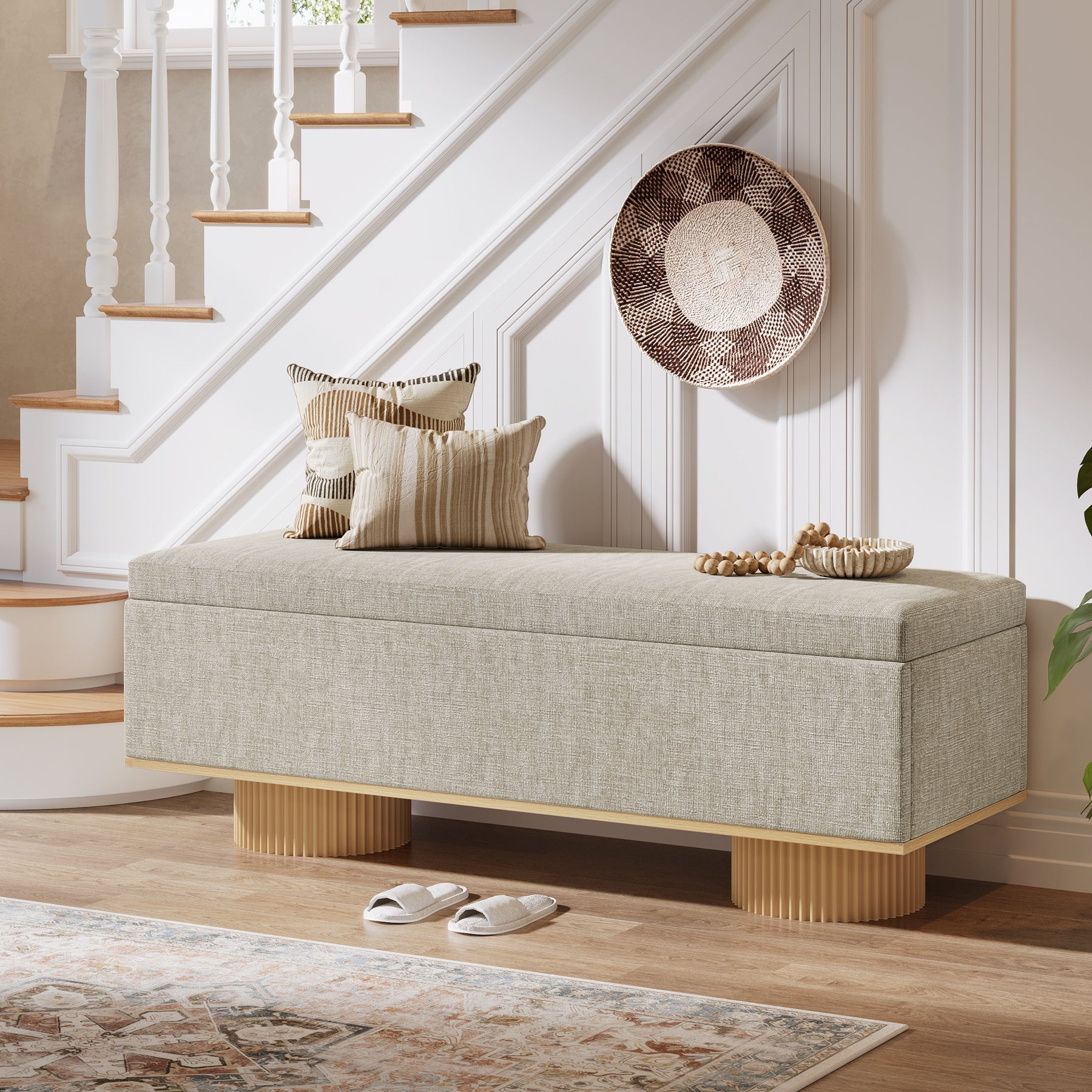 Banc à chaussures de 128 cm, Banc d'entrée rembourré avec rangement pliable