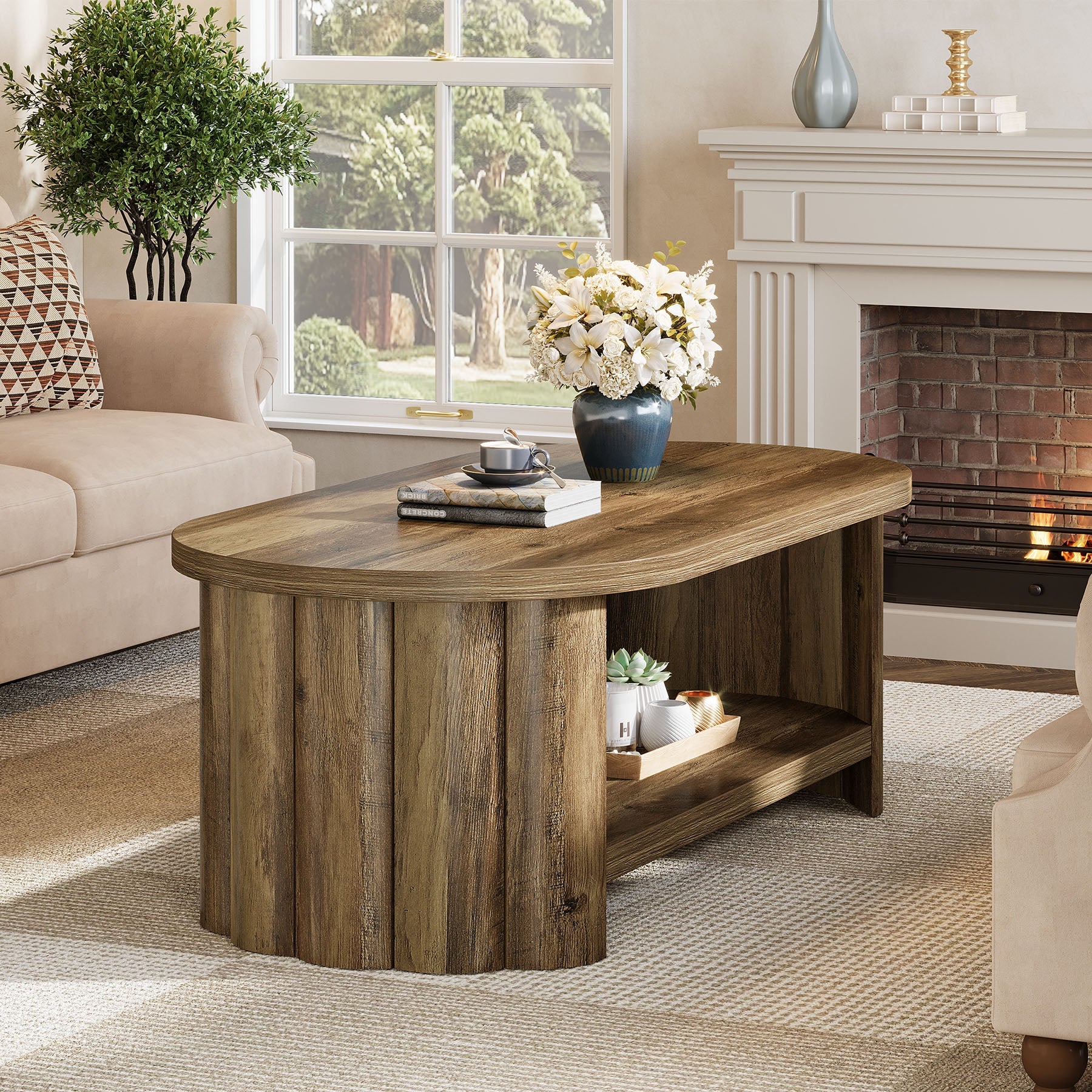 Tribesigns Table basse ovale 120 cm avec compartiment de rangement, Table de salon maison de campagne avec pied rainuré
