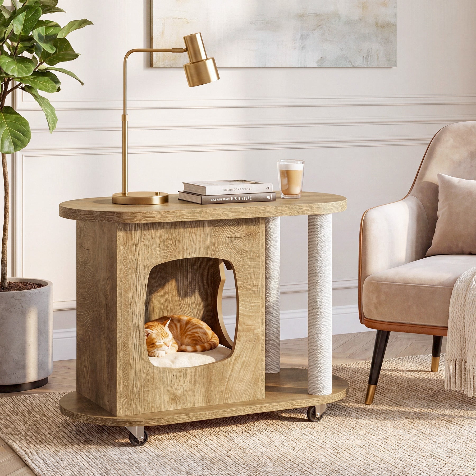 Tribesigns Maison pour chat avec griffoirs et table d'appoint, Table basse ovale sur roulettes avec cachette pour chat