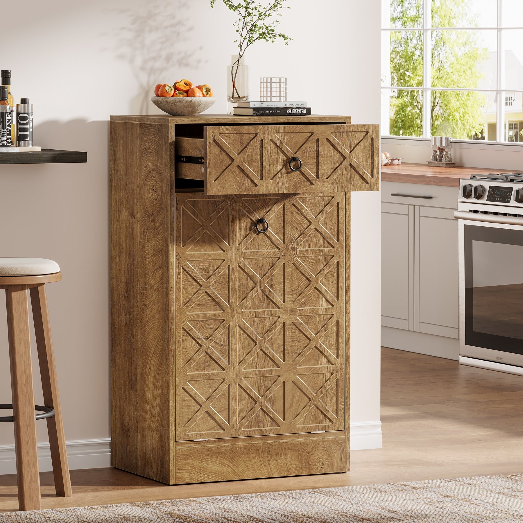 Tribesigns Poubelle en bois 49L avec tiroir caché et mécanisme d'inclinaison pour la cuisine