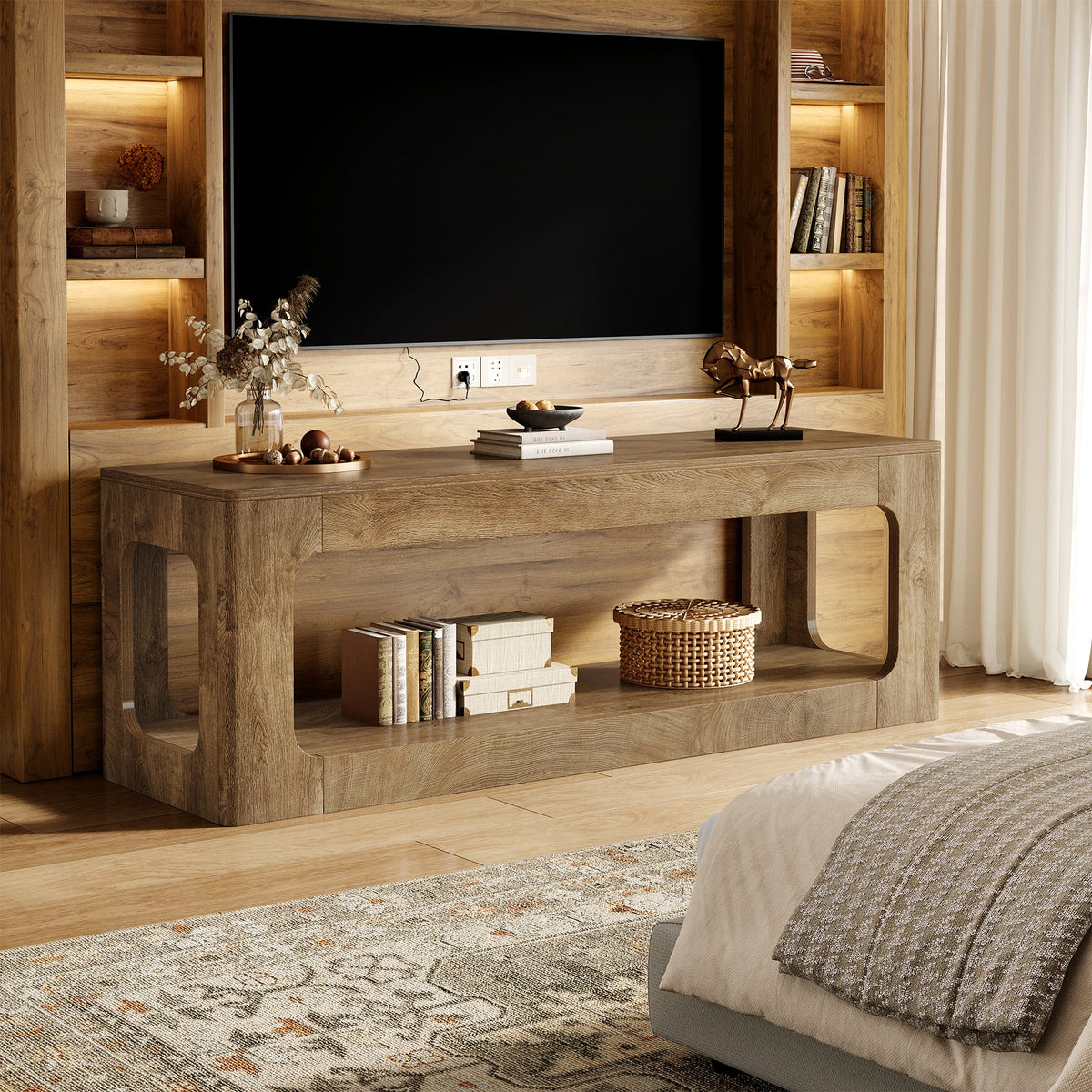 Tribesigns Meuble TV bas 160 cm style maison de campagne pour téléviseurs de 55 à 75 pouces avec 2 niveaux