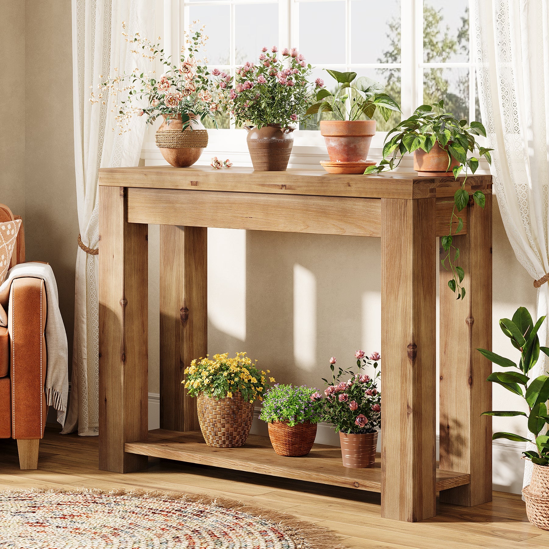 Tribesigns Console de style campagnard en bois massif de 110 cm, Table d'appoint étroite pour salon et entrée