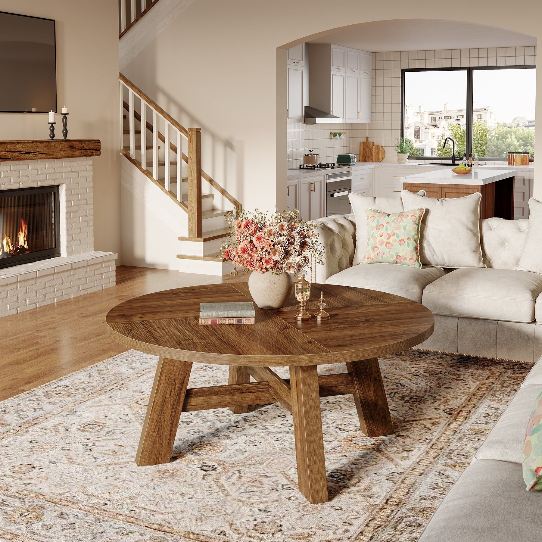 Tribesigns Table basse ronde de style moderne du milieu du siècle 100 cm avec traverses en bois