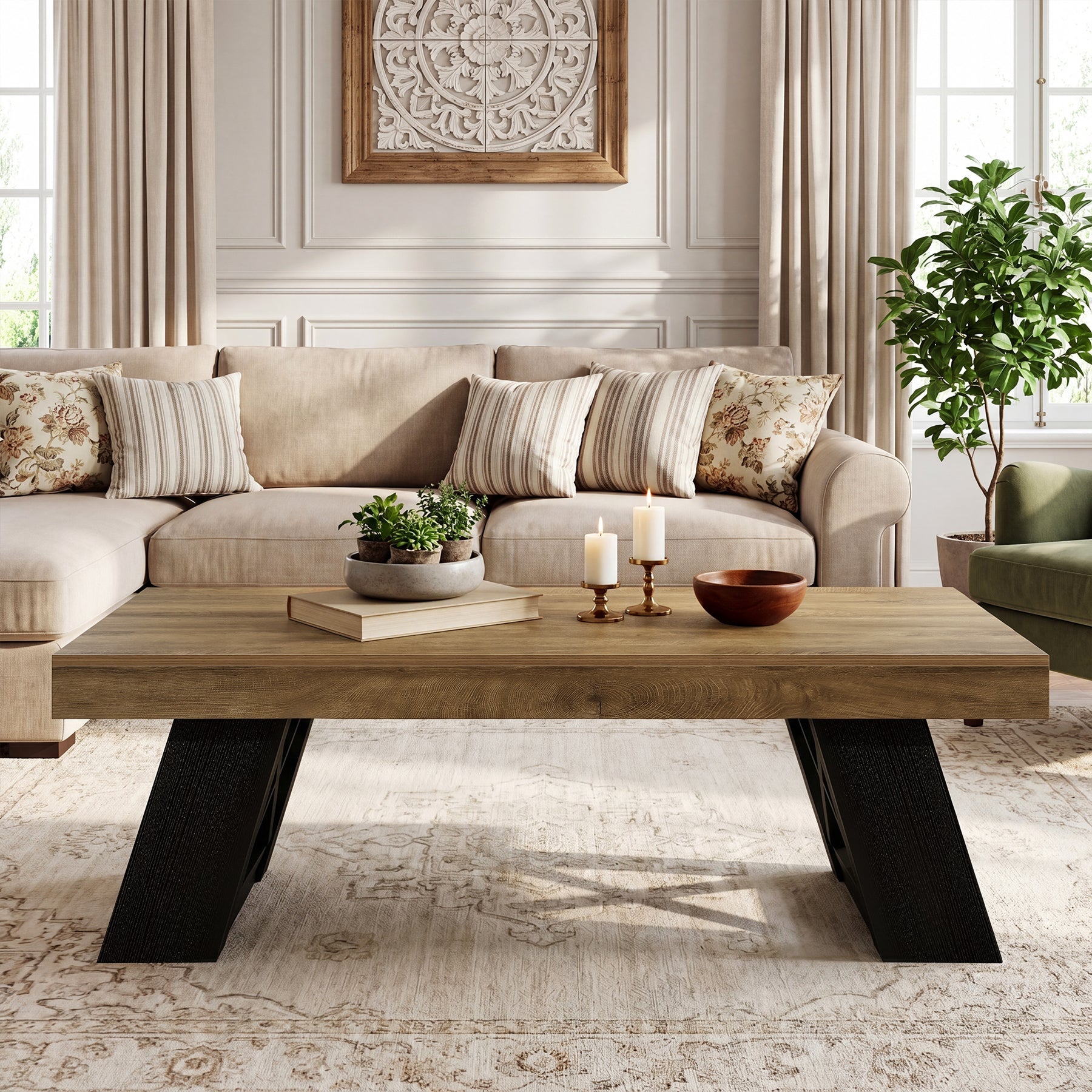 Tribesigns Table basse de 140 cm en bois avec plateau épais et piètement en forme de X