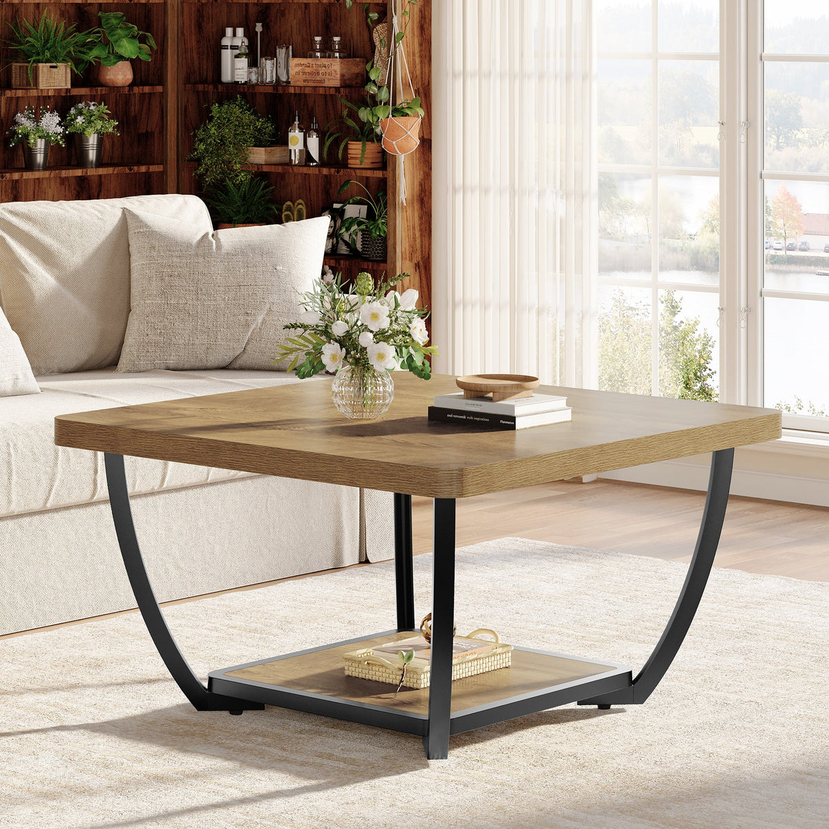 Tribesigns Table basse carrée de 80 cm avec étagère, Table de salon à deux niveaux avec structure en métal