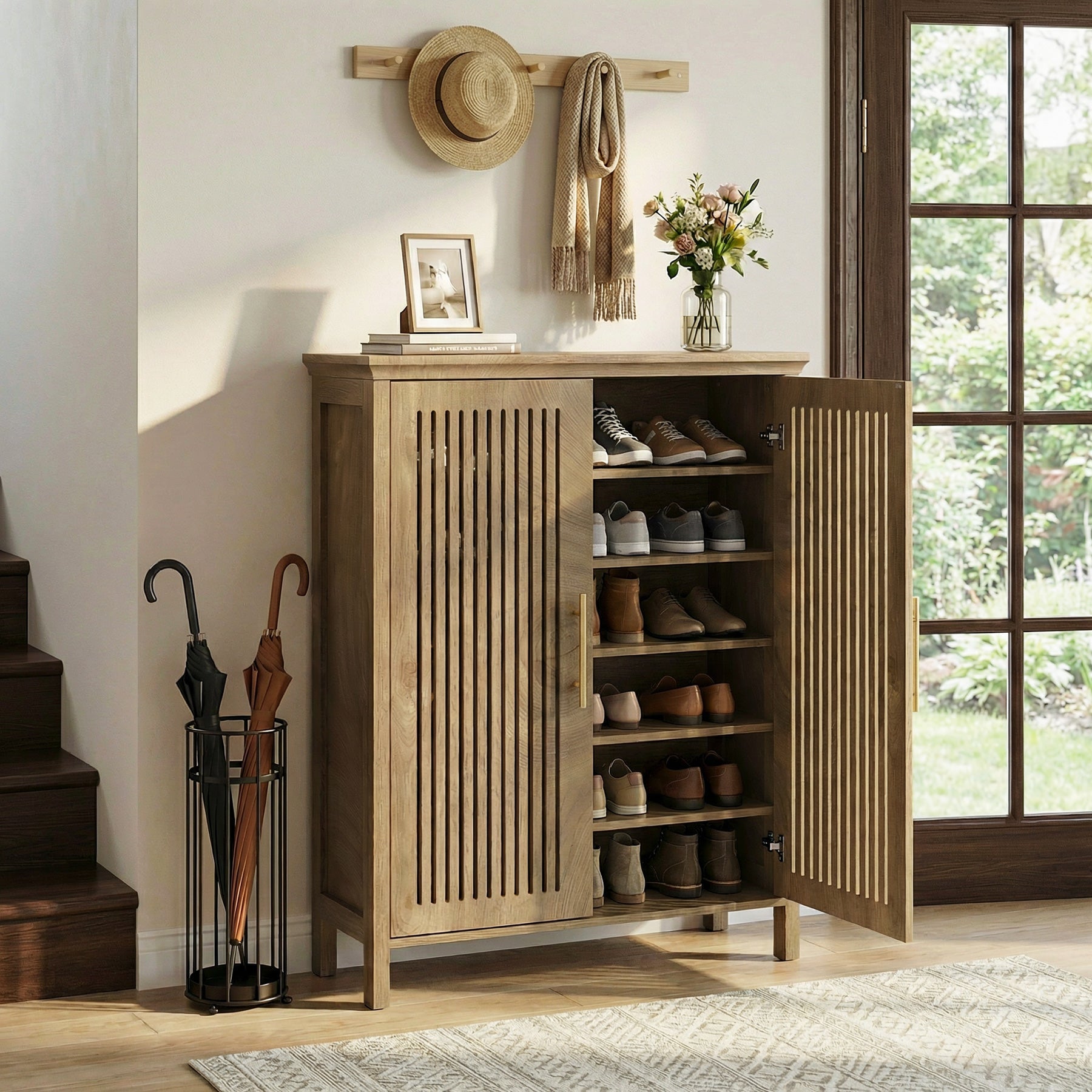 Tribesigns Étagère à chaussures 120 cm avec portes et étagères réglables, Étagère à chaussures à 5 niveaux pour entrée et salon