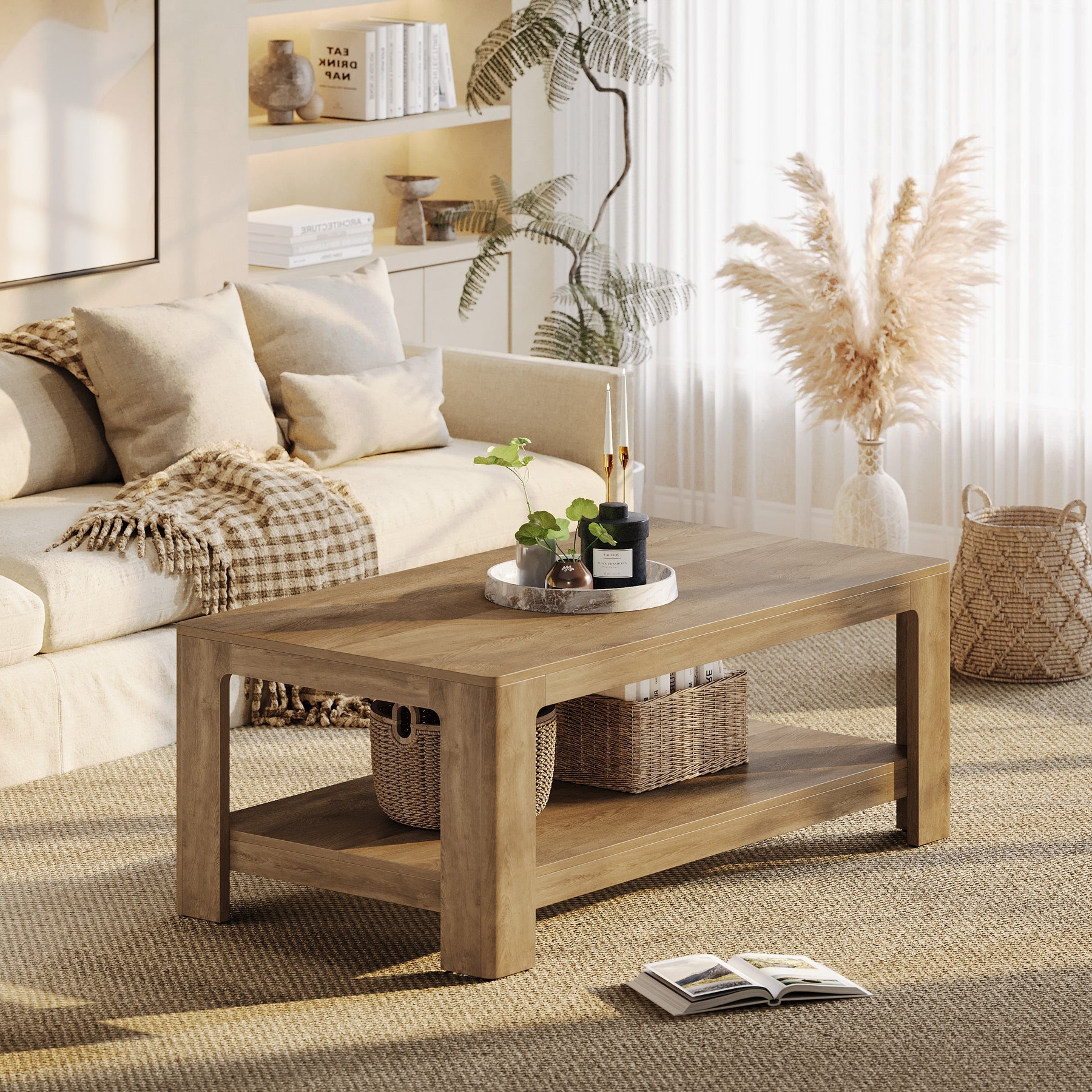 Tribesigns Table basse rectangulaire de 120 cm avec rangement à 2 niveaux, Table centrale en bois pour salon