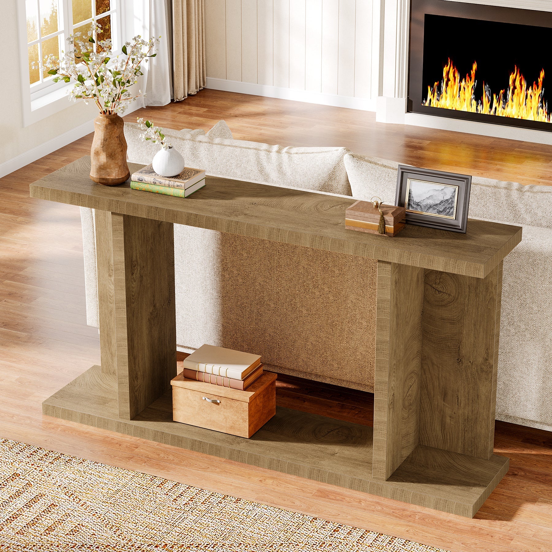 Tribesigns Console de 140 cm de long, Style campagnard console étroite à deux niveaux avec piètement