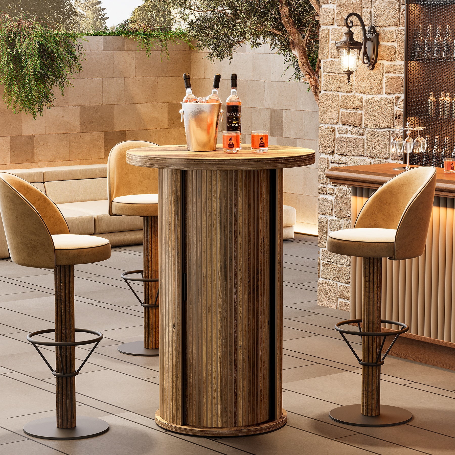 Tribesigns Table de bar ronde de 90 cm de haut avec 3 compartiments de rangement et porte coulissante