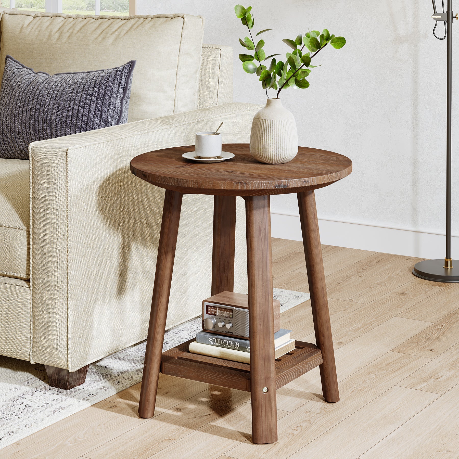 Table d'appoint ronde Tribesigns en bois massif, petite table de chevet à 2 niveaux avec étagère