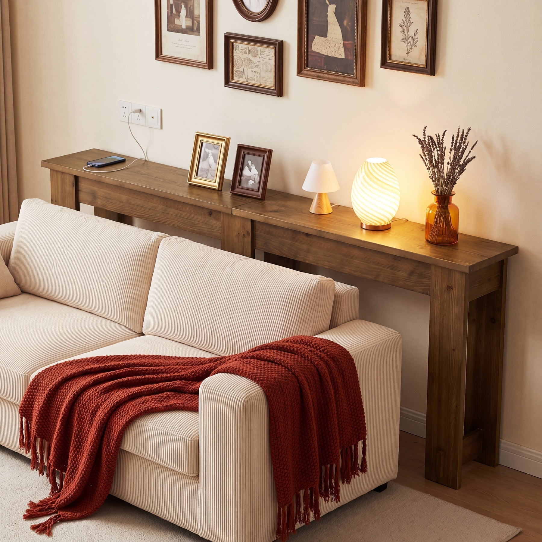 Console en bois massif de 200 cm, Table-banc extra longue en pin à 6 pieds