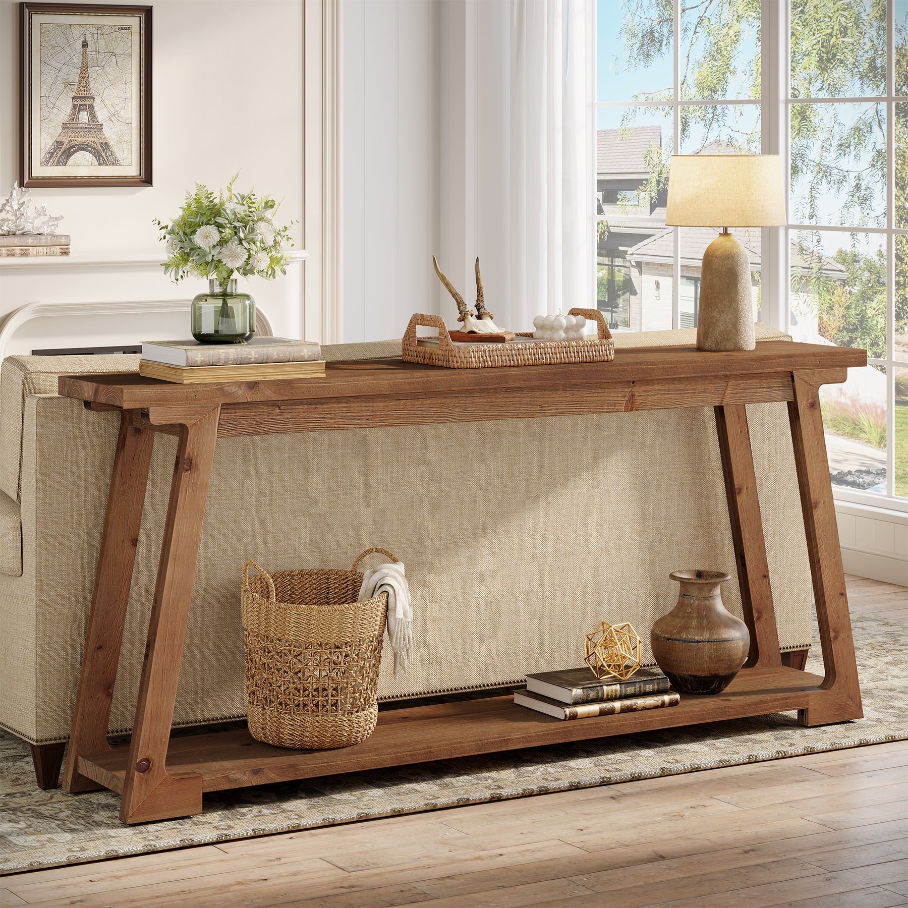 Tribesigns Console en bois massif de 160 cm à placer derrière un canapé avec 2 étagères, Table basse longue et étroite idéale pour le salon et l'entrée