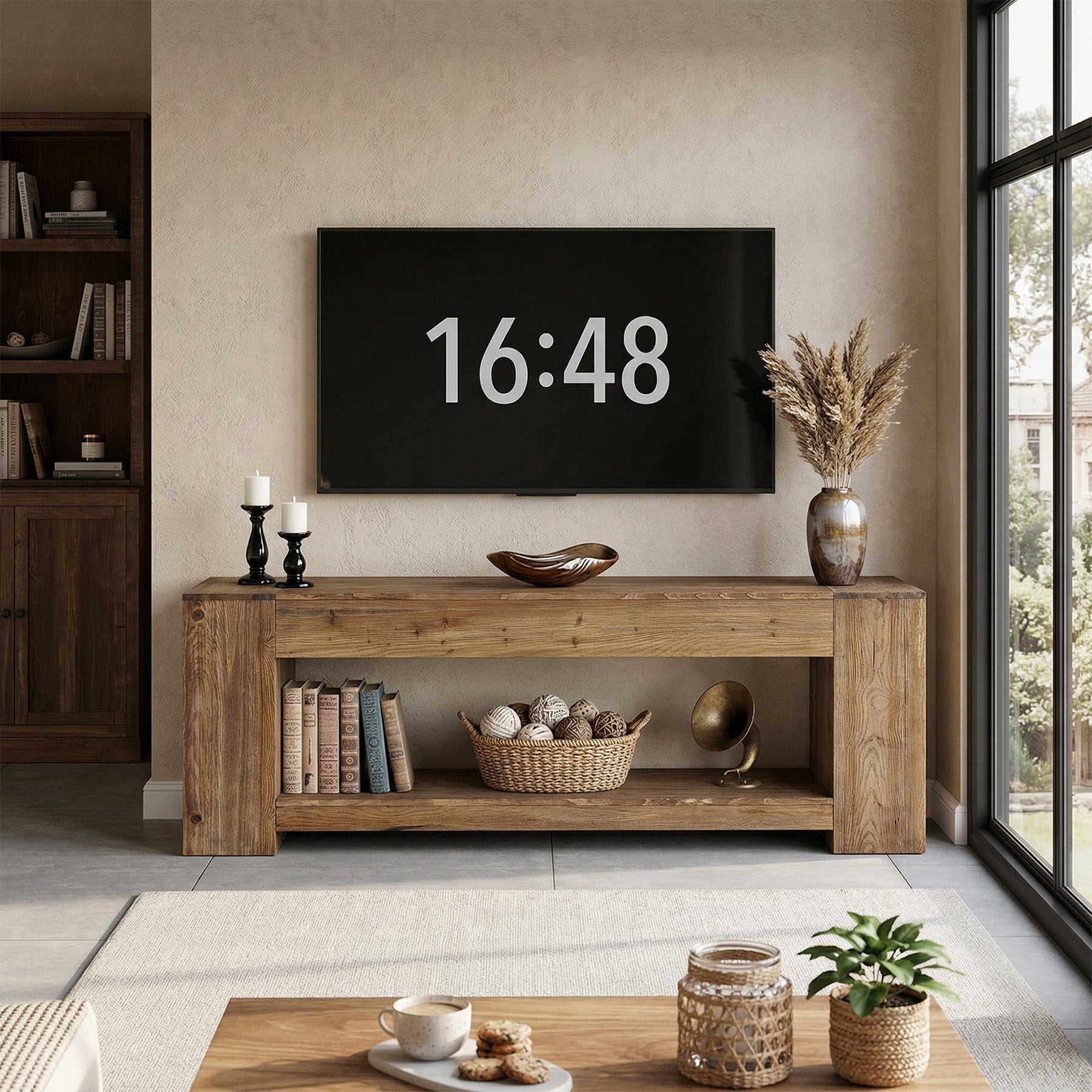 Tribesigns Meuble TV en bois massif de 160 cm pour téléviseurs jusqu'à 75 pouces, Meuble TV rustique avec compartiment de rangement ouvert