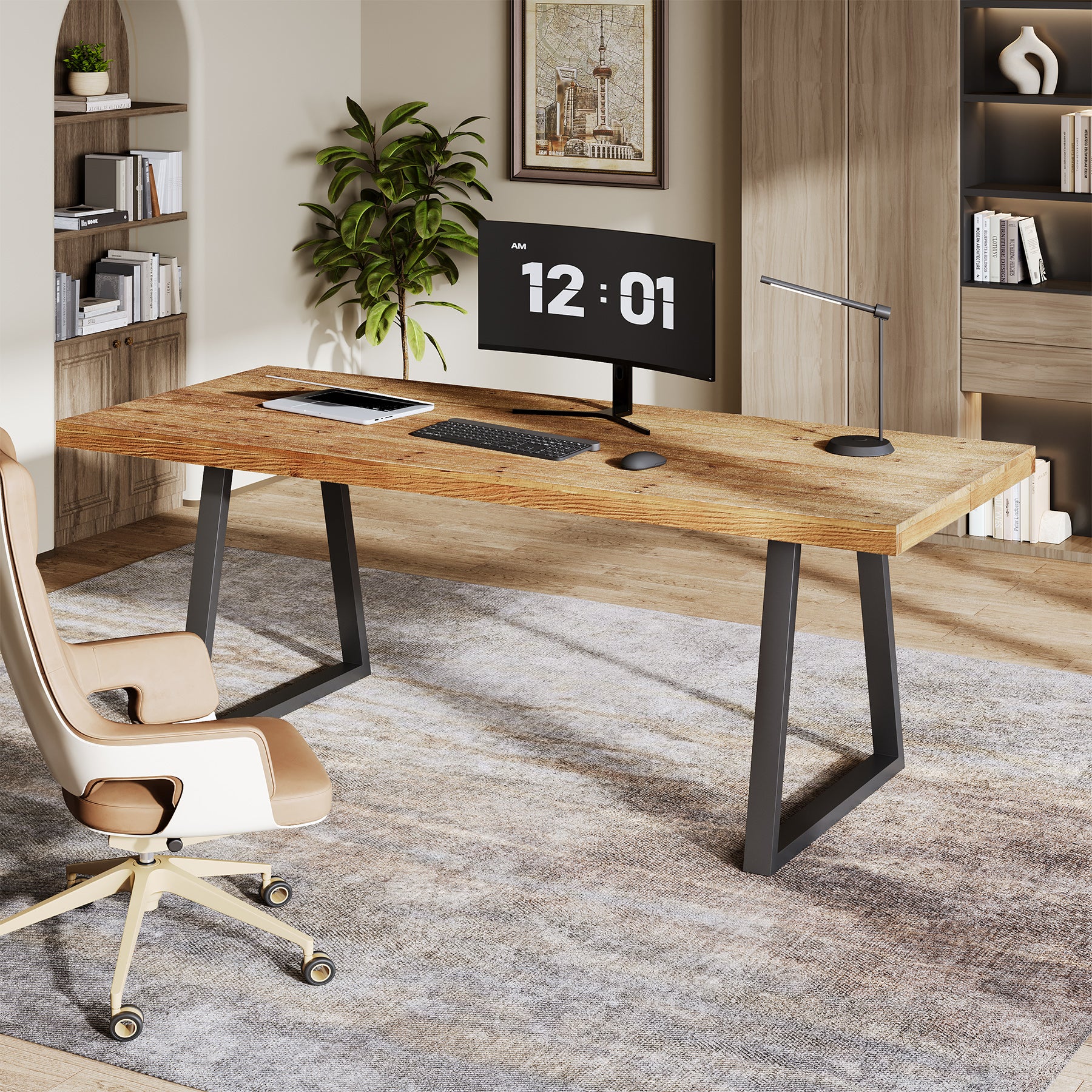 Tribesigns Bureau industriel de 160 cm, plateau en bois massif et pieds robustes en métal