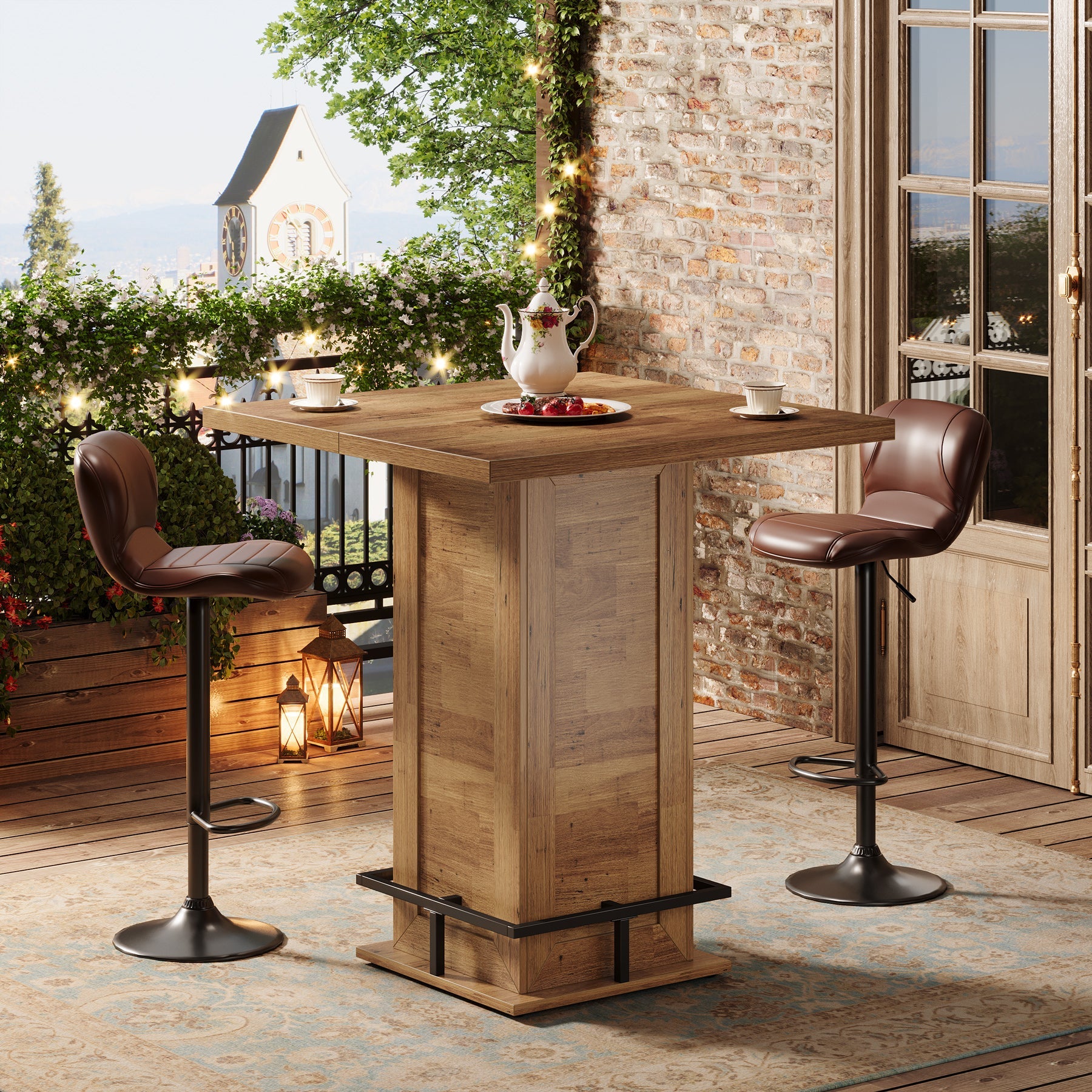 Tribesigns Table de bar carrée industrielle de 100 cm, Table haute de style bistro avec repose-pieds pour coin bar de cuisine dans les petits espaces