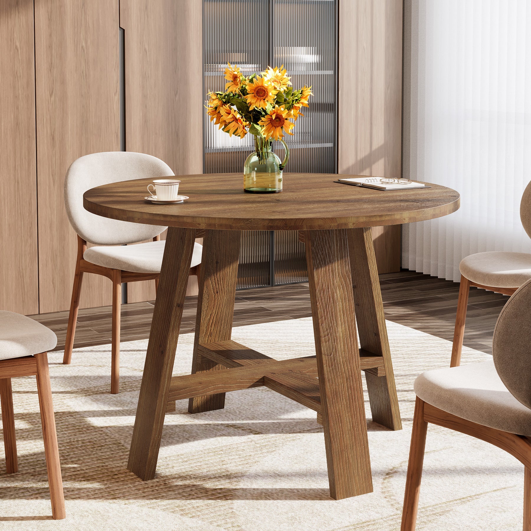 Tribesigns Table de conférence ronde en bois massif de 100 cm avec veinage naturel