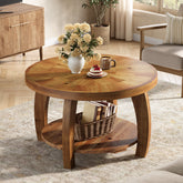 Table basse ronde de 80 cm en bois massif, Table d'appoint à deux niveaux avec motif mosaïque et étagère inférieure 3