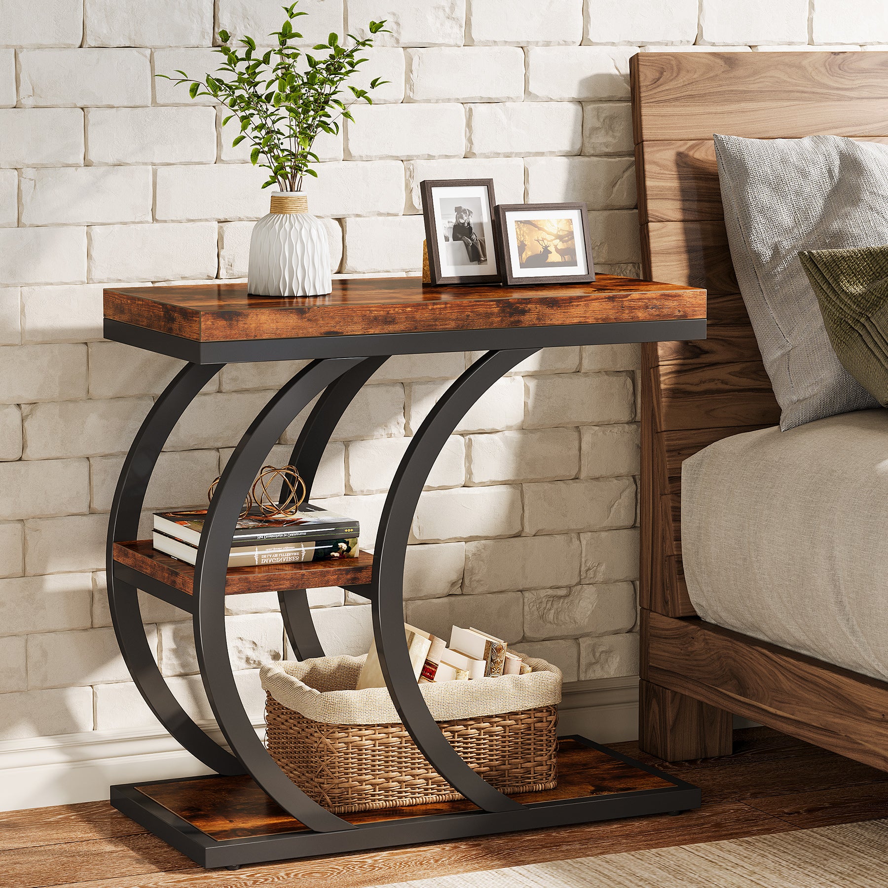 Tribesigns Table d'appoint 3 niveaux 60 cm, Table d'appoint design industriel en forme de C