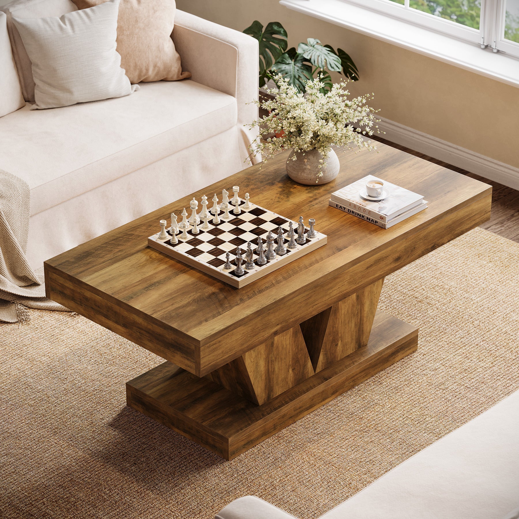 Tribesigns Table basse rectangulaire de 120 cm de long style mid-century, Table de salon aspect bois avec piètement massif et base en V