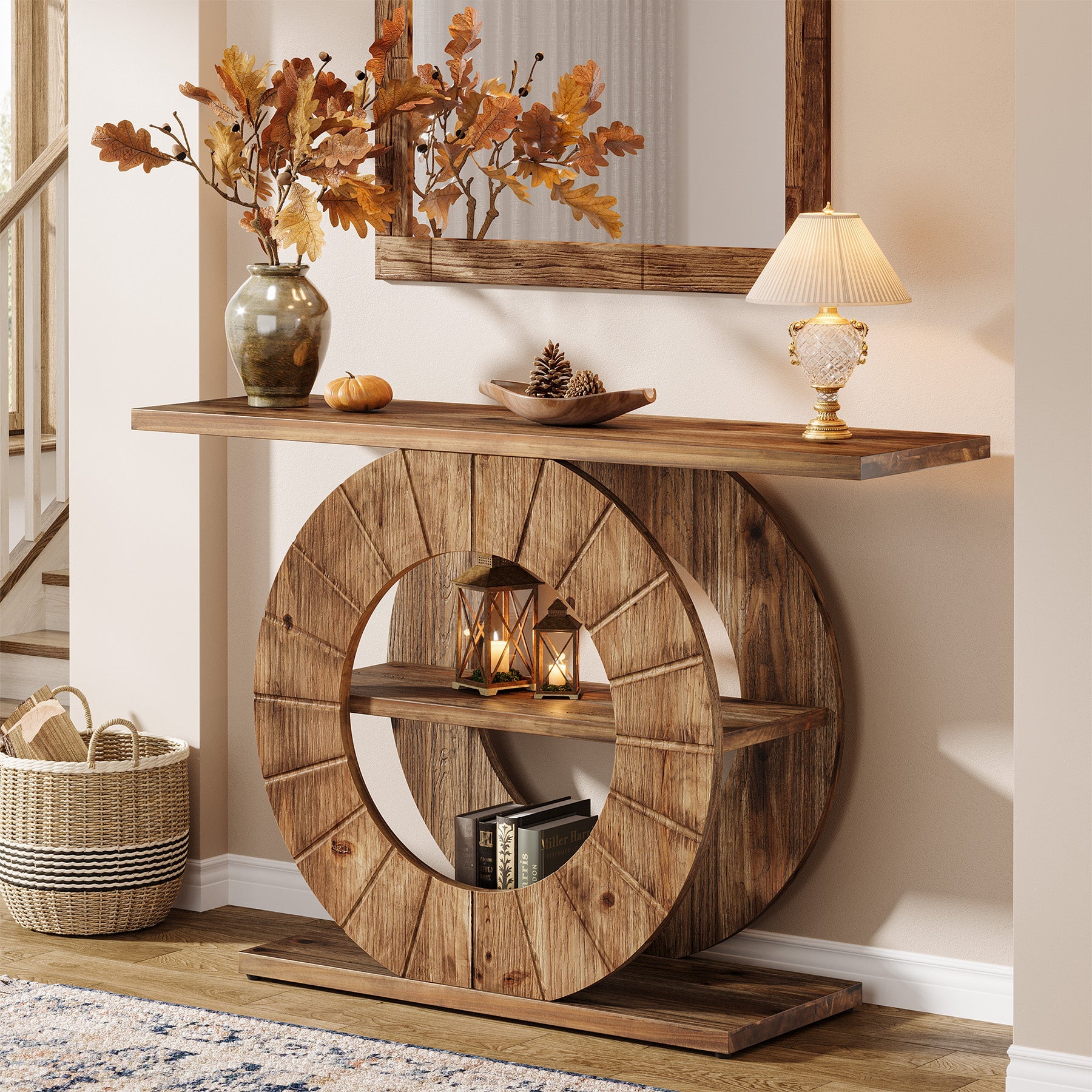 Tribesigns Console en bois massif de 105 cm avec 3 étagères, Console étroite de style champêtre
